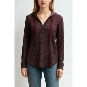 2/$15 Olive + Oak Hooded Striped Sweater Red Burgundy Knit Hoodie Size S
